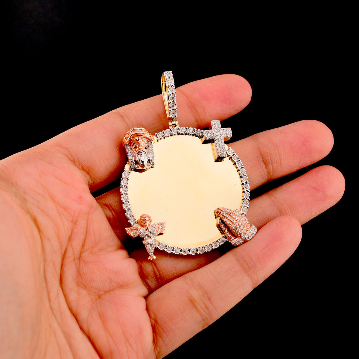 10k Yellow Gold 0.75CT Diamond Picture Charm Jesus, Cross, Praying Hands & Angel