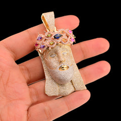 10k Yellow Gold 5.5CTW Pure Diamond Jesus Head w/ Gem Stones Pendant 33.4g Charm
