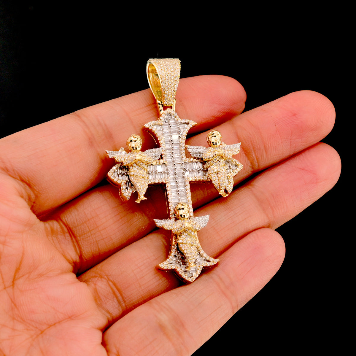 10k Yellow Gold 1.43CTW Round & Baguette Diamond Cross w/ 3 Angels 10.8g Charm