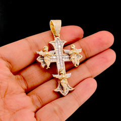 10k Yellow Gold 1.43CTW Round & Baguette Diamond Cross w/ 3 Angels 10.8g Charm