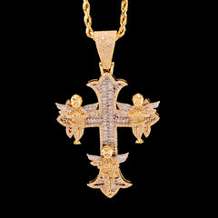 10k Yellow Gold 1.43CTW Round & Baguette Diamond Cross w/ 3 Angels 10.8g Charm