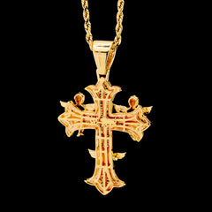 10k Yellow Gold 1.43CTW Round & Baguette Diamond Cross w/ 3 Angels 10.8g Charm