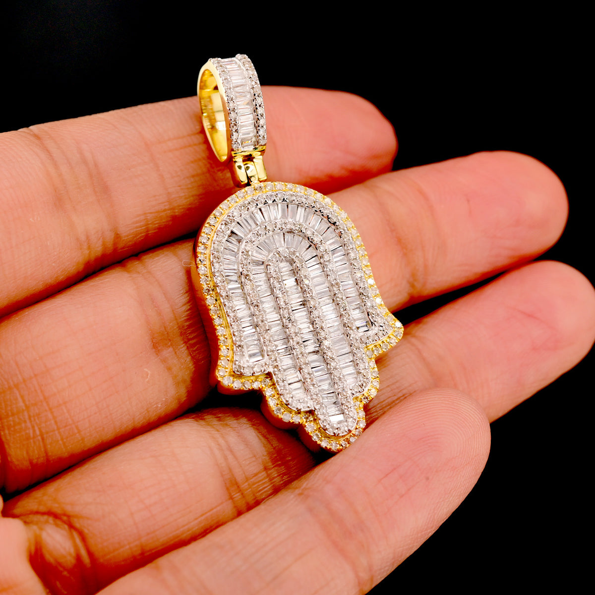 10k Yellow Gold 1.3CTW Natural Round & Baguette Diamond Hamsa Hand Pendant 7.1g Charm