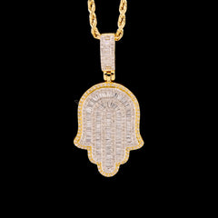 10k Yellow Gold 1.3CTW Natural Round & Baguette Diamond Hamsa Hand Pendant 7.1g Charm