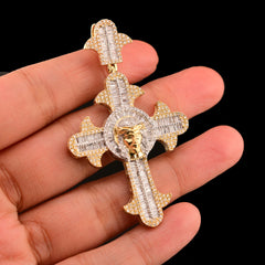 10k Yellow Gold 1.85CT Round/Baguette Diamond Cross w/ Jesus Pendant 10.8g Charm