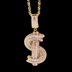 10k 2 Tone Gold 1.15CTW Round & Baguette Diamond Dollar Sign Pendant 8.3g Charm