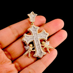 10k Yellow Gold 1.65CT Round/Baguette Diamond Cross w/ Angel Pendant 10.9g Charm