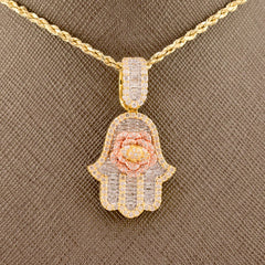 10k Yellow Gold 1.5CTW Round/Baguette Diamond Hamsa Hand Rose Pendant 7.7g Charm