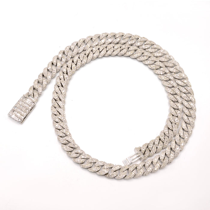 Mens 8MM 925 Silver 10.70CTW Round/Baguette Diamond Cuban Necklace 59.44g Chain - 18"