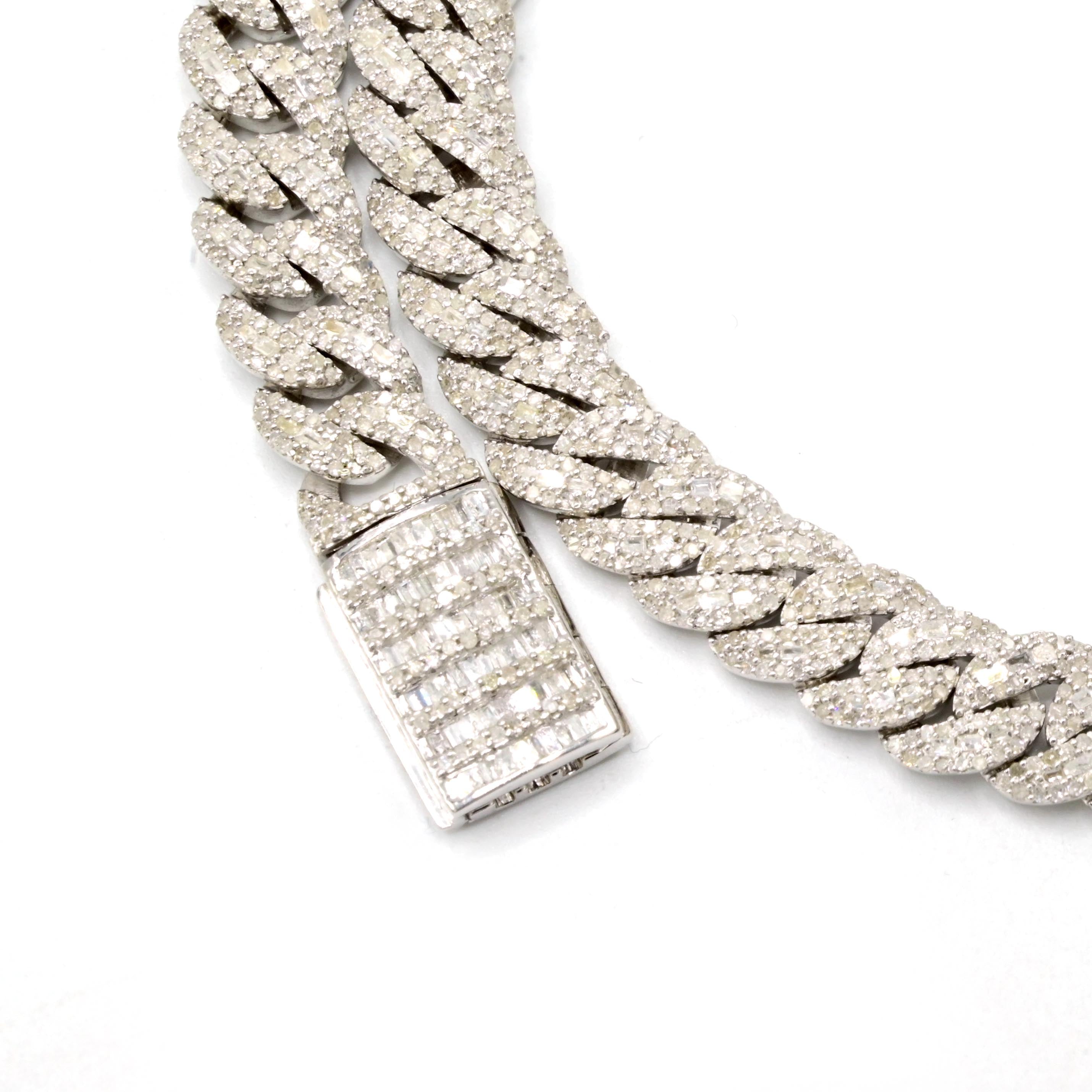 8MM 925 Silver 11.96CTW Round/Baguette Diamond Cuban Necklace 22" Chain - 73.62g
