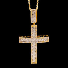 10k Yellow Gold 4.3CTW Round/Baguette Diamond Zig Zag Cross Pendant 18.2g Charm