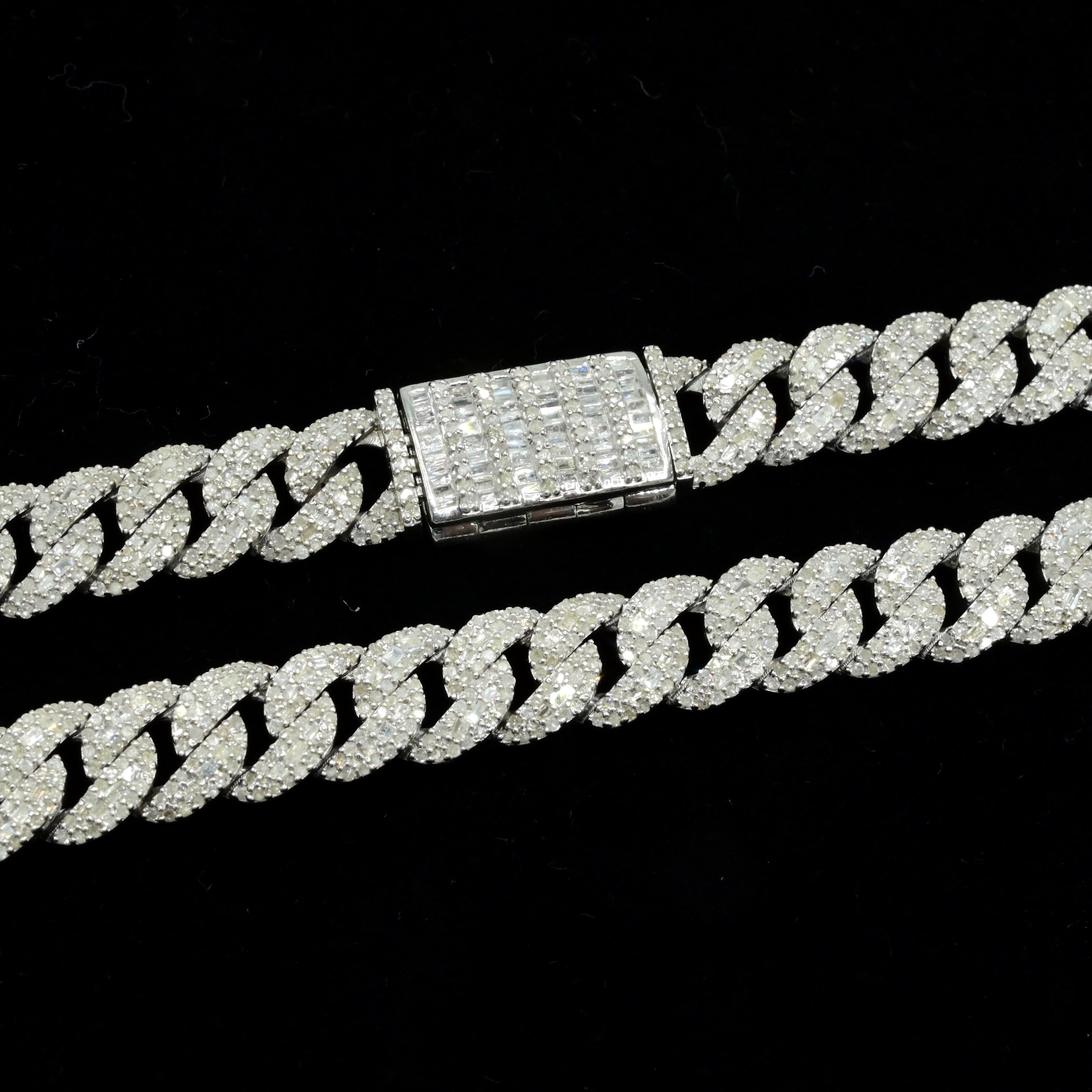 8MM 925 Silver 11.96CTW Round/Baguette Diamond Cuban Necklace 22" Chain - 73.62g