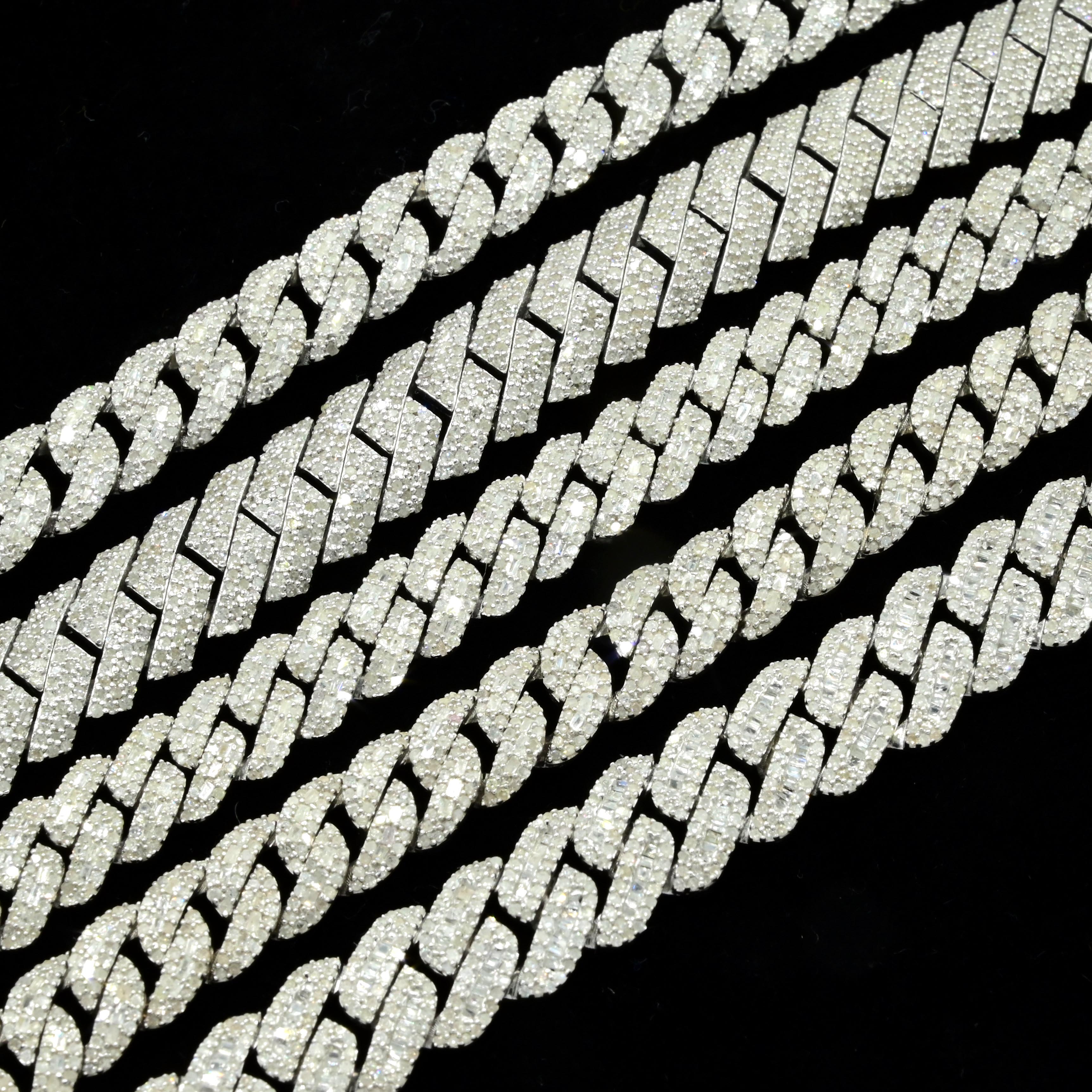 8MM 925 Silver 11.96CTW Round/Baguette Diamond Cuban Necklace 22" Chain - 73.62g