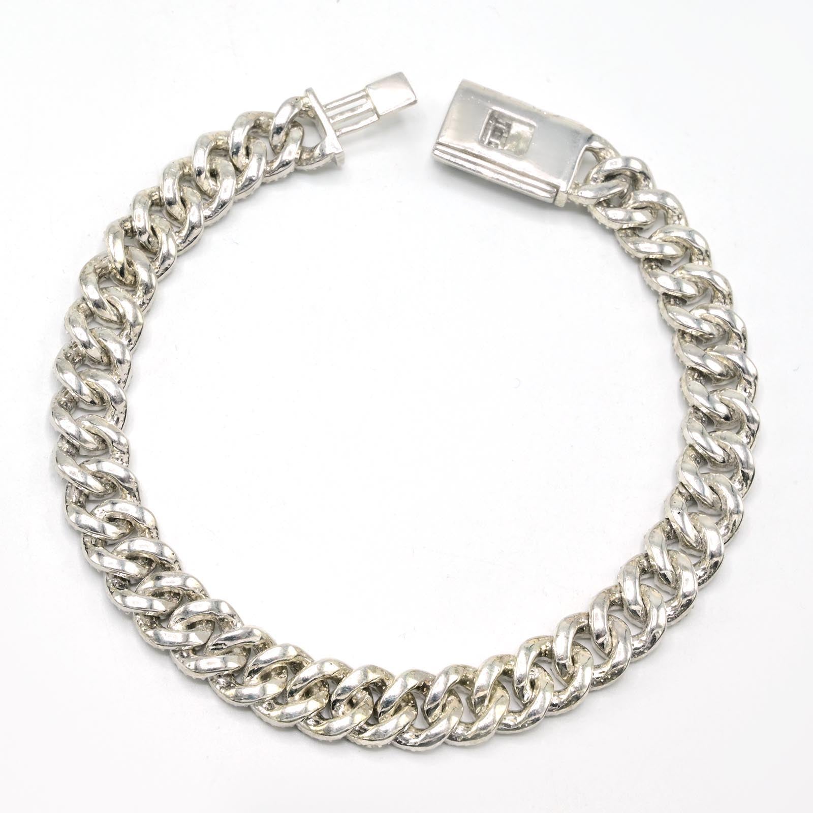 8In 8MM 925 Silver 5.54CTW Natural Round/Baguette Diamond 28.08g Cuban Bracelet