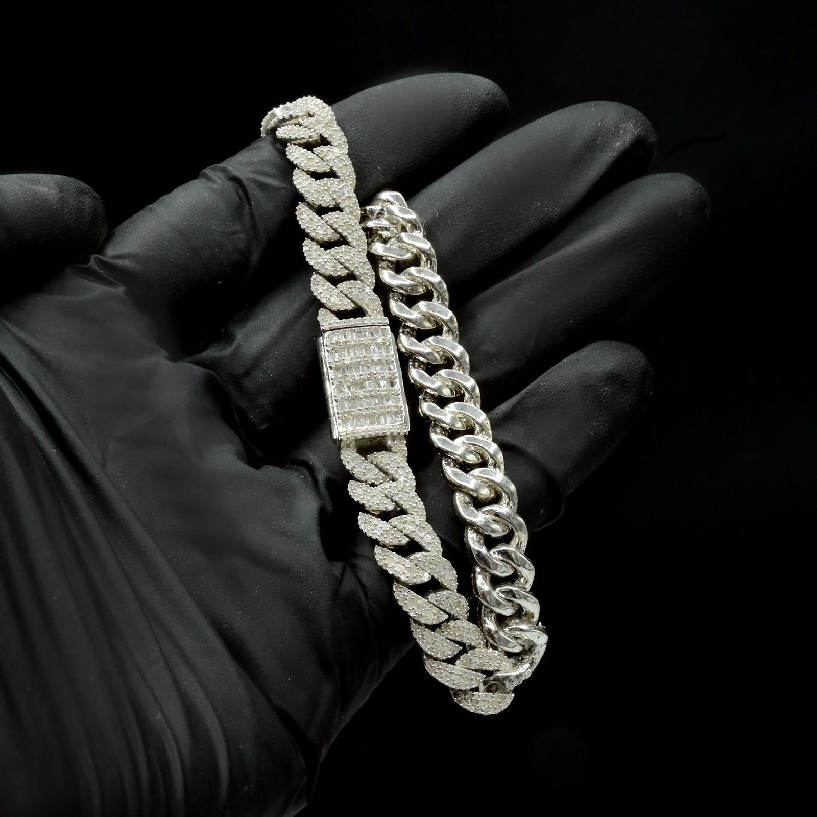 8MM 925 Silver 4.76CTW Natural Round/Baguette Diamond 20.68g Cuban 8In Bracelet