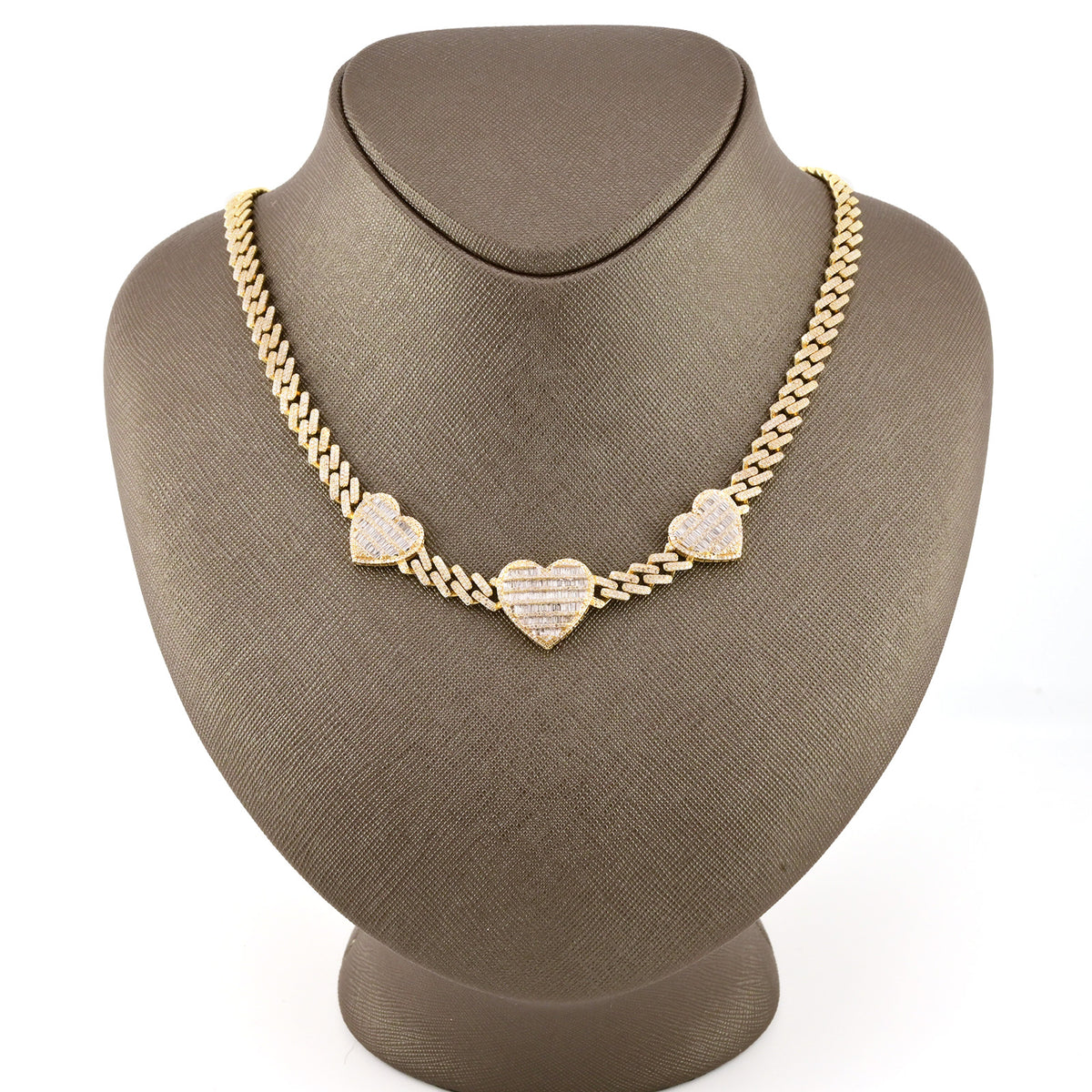 10k Yellow Gold 20 Inch 6.6CTW Baguette Diamond Heart Cuban Link Chain 42.6g