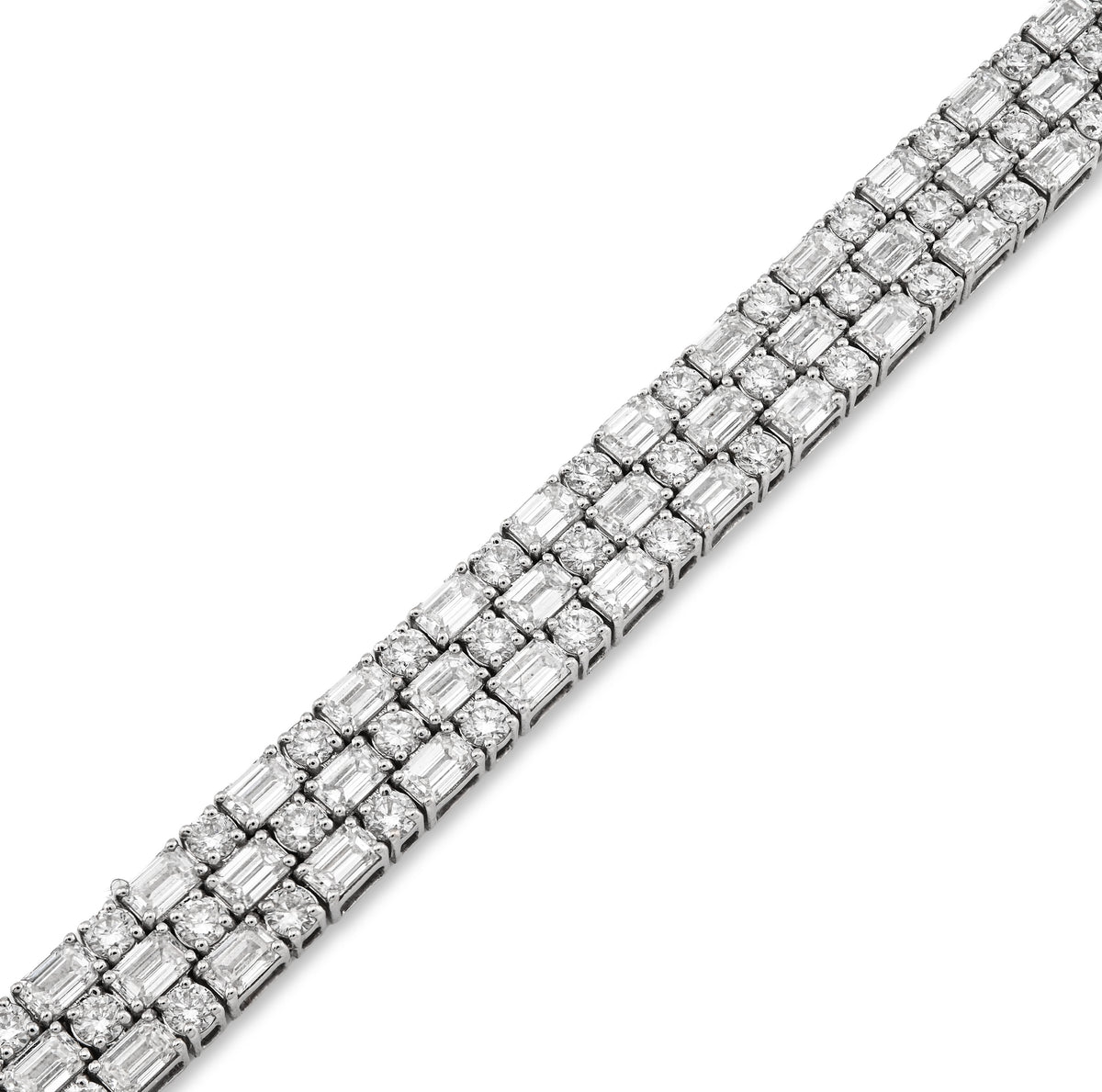 6.5MM 14k White Gold 11.25CTW Lab Diamond Three Row Round/Baguette 7.25" Tennis Bracelet 17.3gm