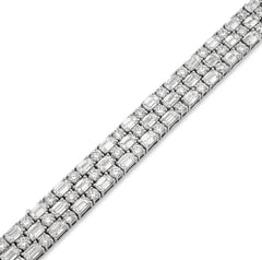 6.5MM 14k White Gold 11.25CTW Lab Diamond Three Row Round/Baguette 7.25" Tennis Bracelet 17.3gm