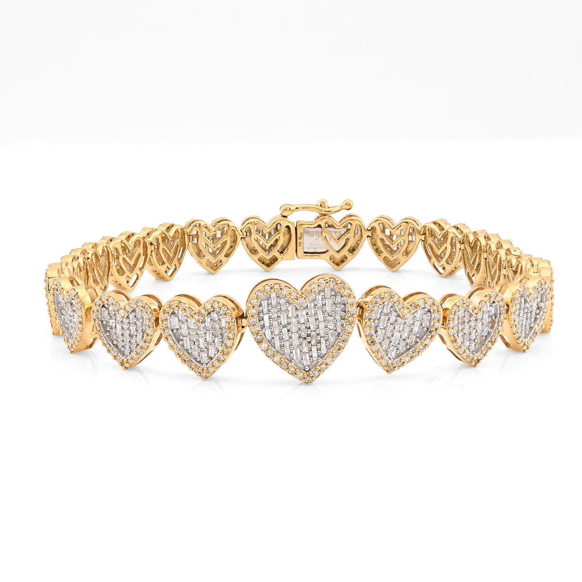 12MM 10k Yellow Gold 17.1g 3CTW Pure Round/Baguette Heart Shape Diamond Bracelet