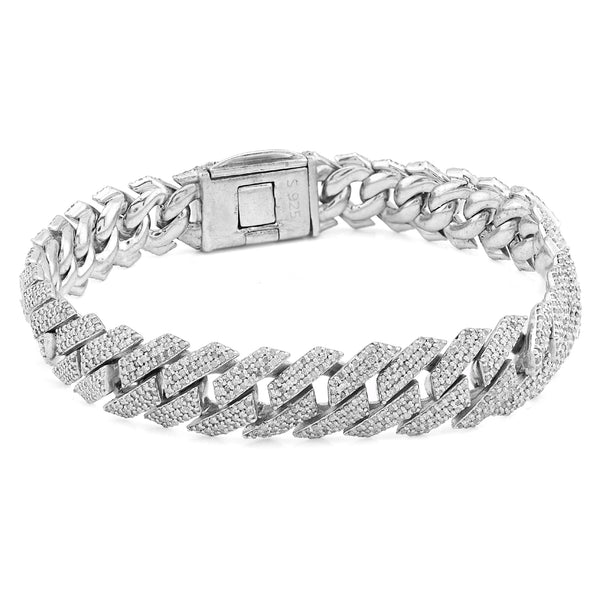 12MM 925 Sterling Silver 8In 7.23CTW Natural Diamond Snake Cuban Bracelet 47.2gm
