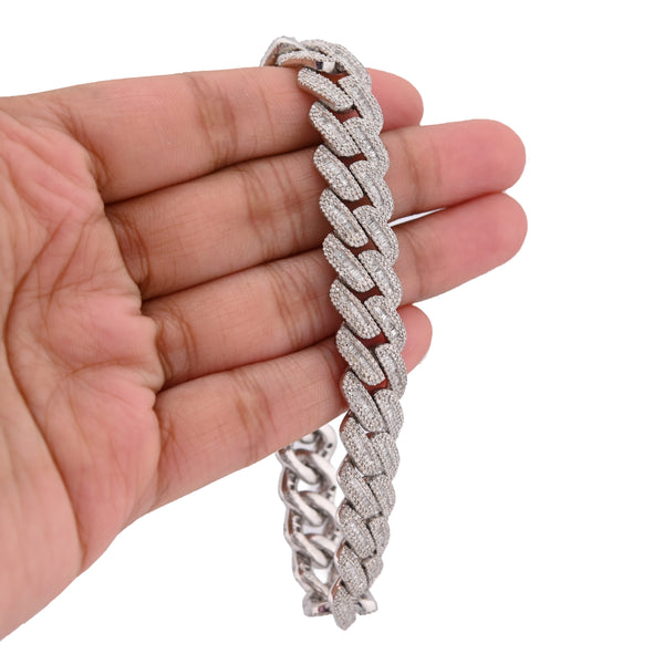 12MM 925 Silver 46.5g 9.63CTW Natural Round/Baguette Diamond Cuban Link Bracelet