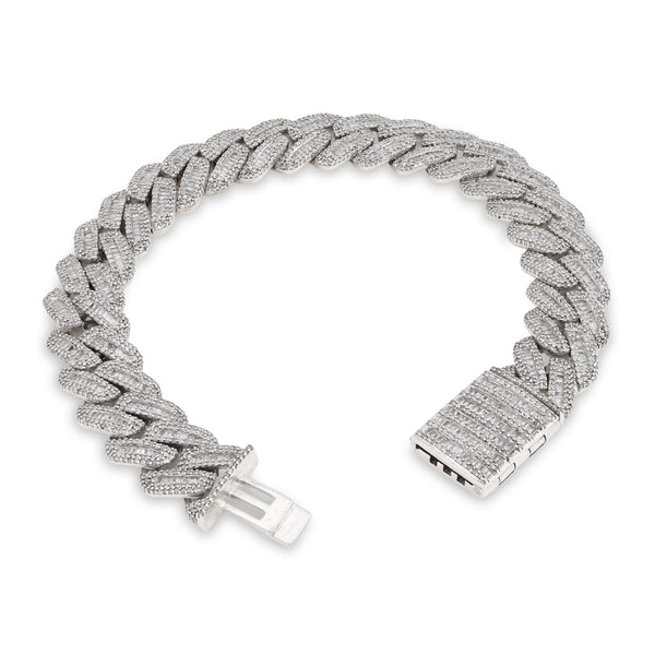 12.5MM 925 Silver 45.7gm 9CTW Natural Round/Baguette Diamond Cuban Link Bracelet