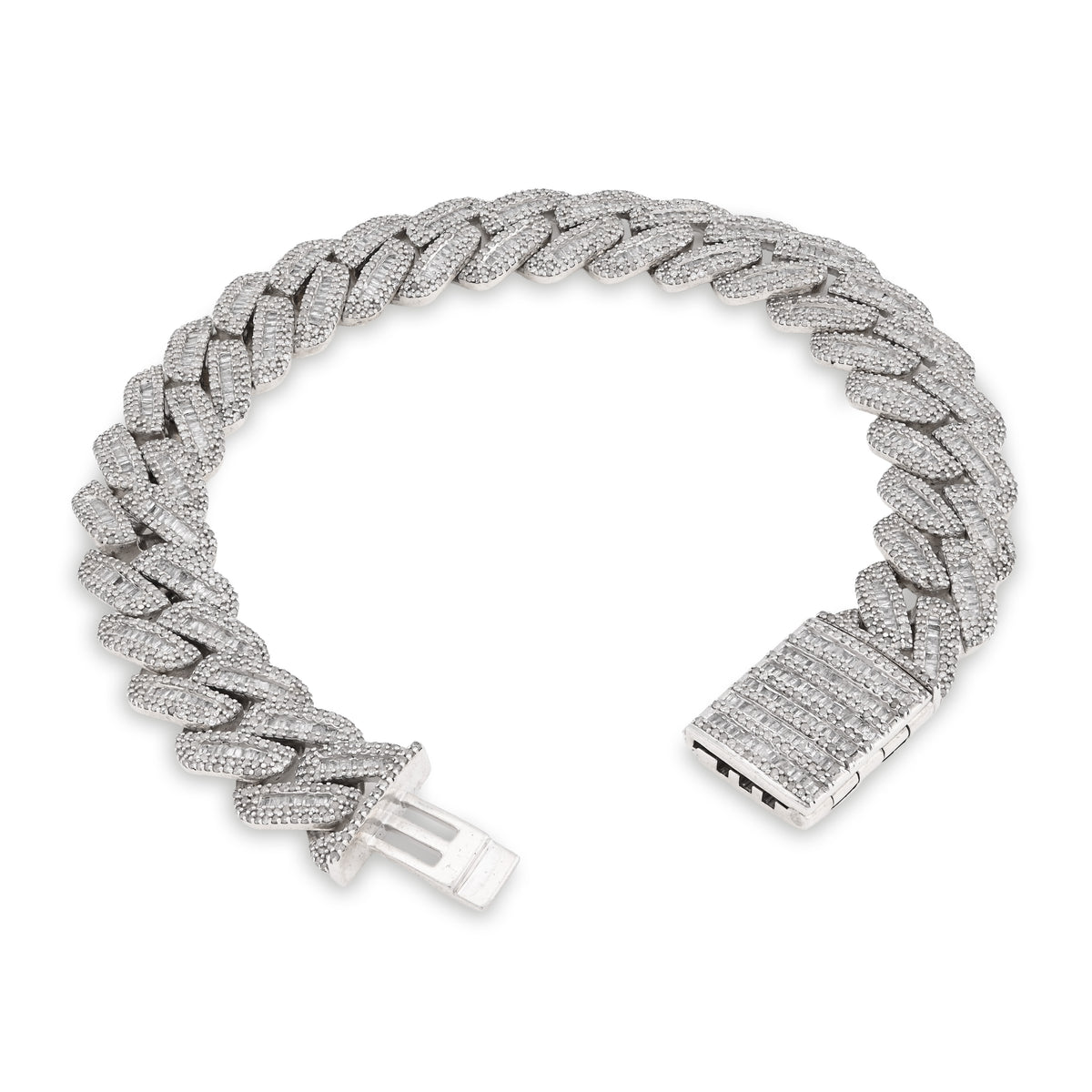 12.5MM 925 Silver 45.7gm 9CTW Natural Round/Baguette Diamond Cuban Link Bracelet
