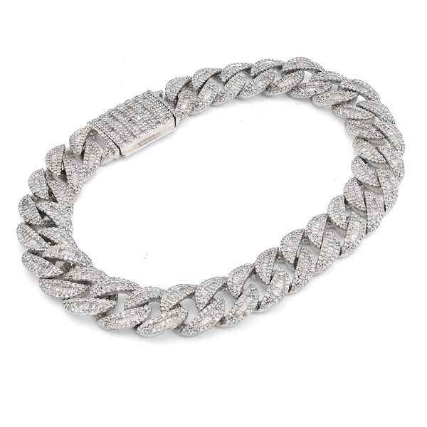 11MM 925 Silver 35.6gm 6.4CTW Natural Round/Baguette Cuban Link Diamond Bracelet