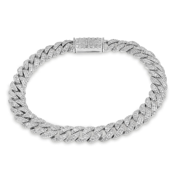 8MM 925 Silver 26.1g 4.6CTW Pure Round/Baguette Diamond Cuban Link Mens Bracelet