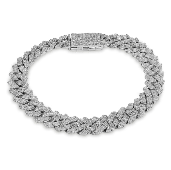 10MM 925 Silver 29.6gms 6.19CTW Pure Round/Baguette Diamond Snake Cuban Bracelet