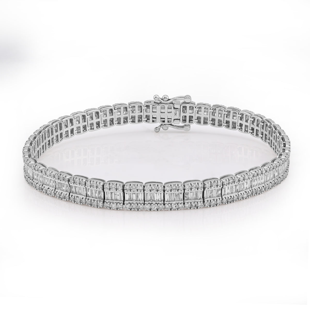 6.5MM 10k White Gold 16g 4.76CTW Pure Round/Baguette Diamond Row Tennis Bracelet