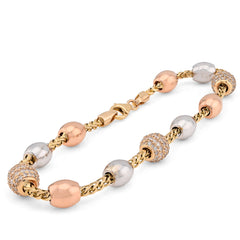 7.5MM 14k Tri-Tone Gold 41.4gm 2.27CTW Natural Diamond Bead Franco Link Bracelet