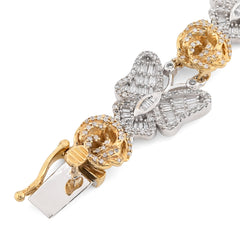 14.5MM 10k Two-Tone Gold 26.7g 2.6CTW Baguette Diamond Butterfly Flower Bracelet