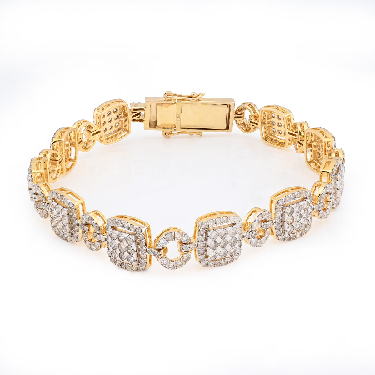 Mens 10MM 10k Yellow Gold 21.5gms 7.4CTW Natural Diamond Square Link Bracelet