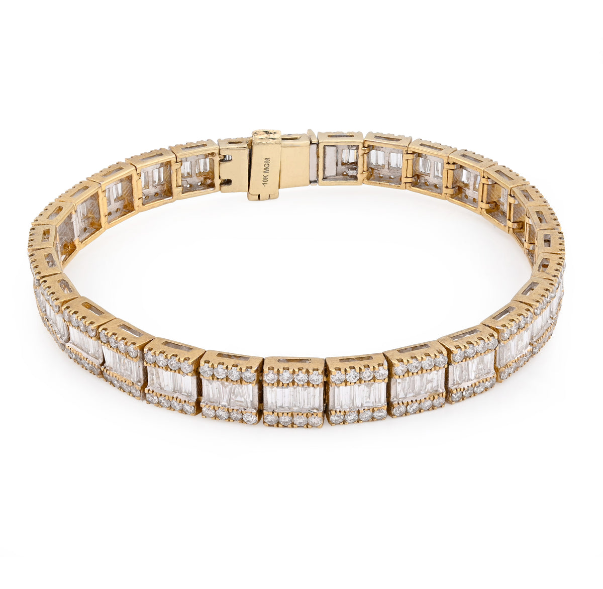 7.8MM 10k Yellow Gold 30.2g 7.5CT Round/Baguette Diamond Rectangle Link Bracelet