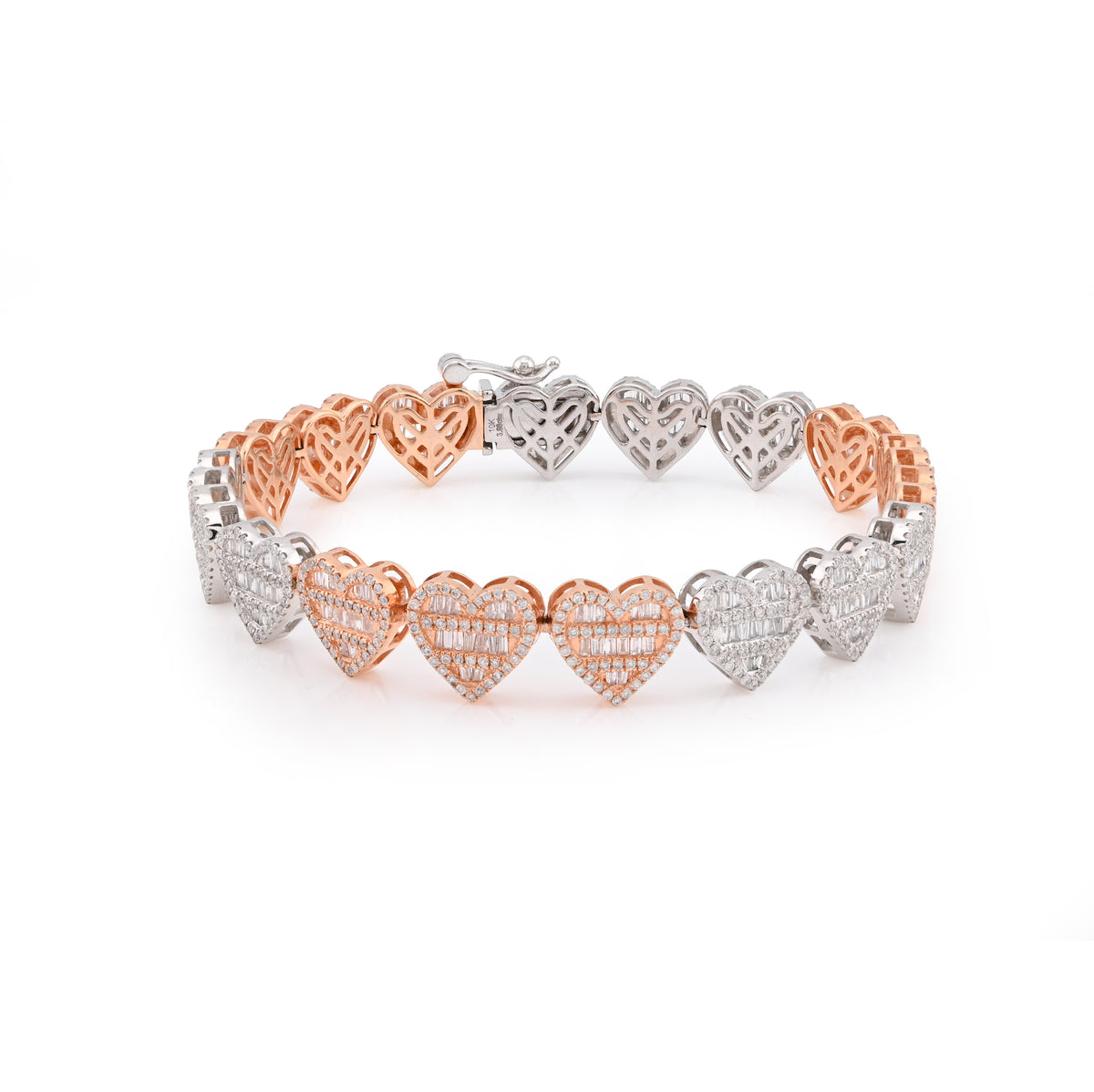 9.4MM 10k Two-Tone Gold 20.3g 3.86CTW Pure Round/Baguette Diamond Heart Bracelet