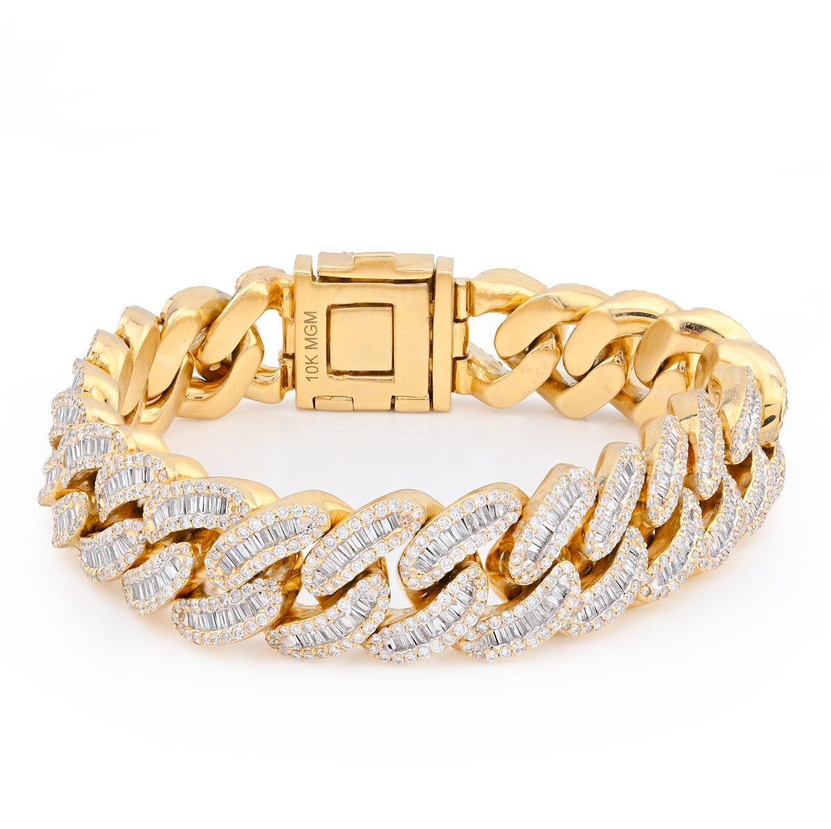 14.8MM 10k Yellow Gold 85.4gm 9.45CTW Pure Round/Baguette Diamond Cuban Bracelet