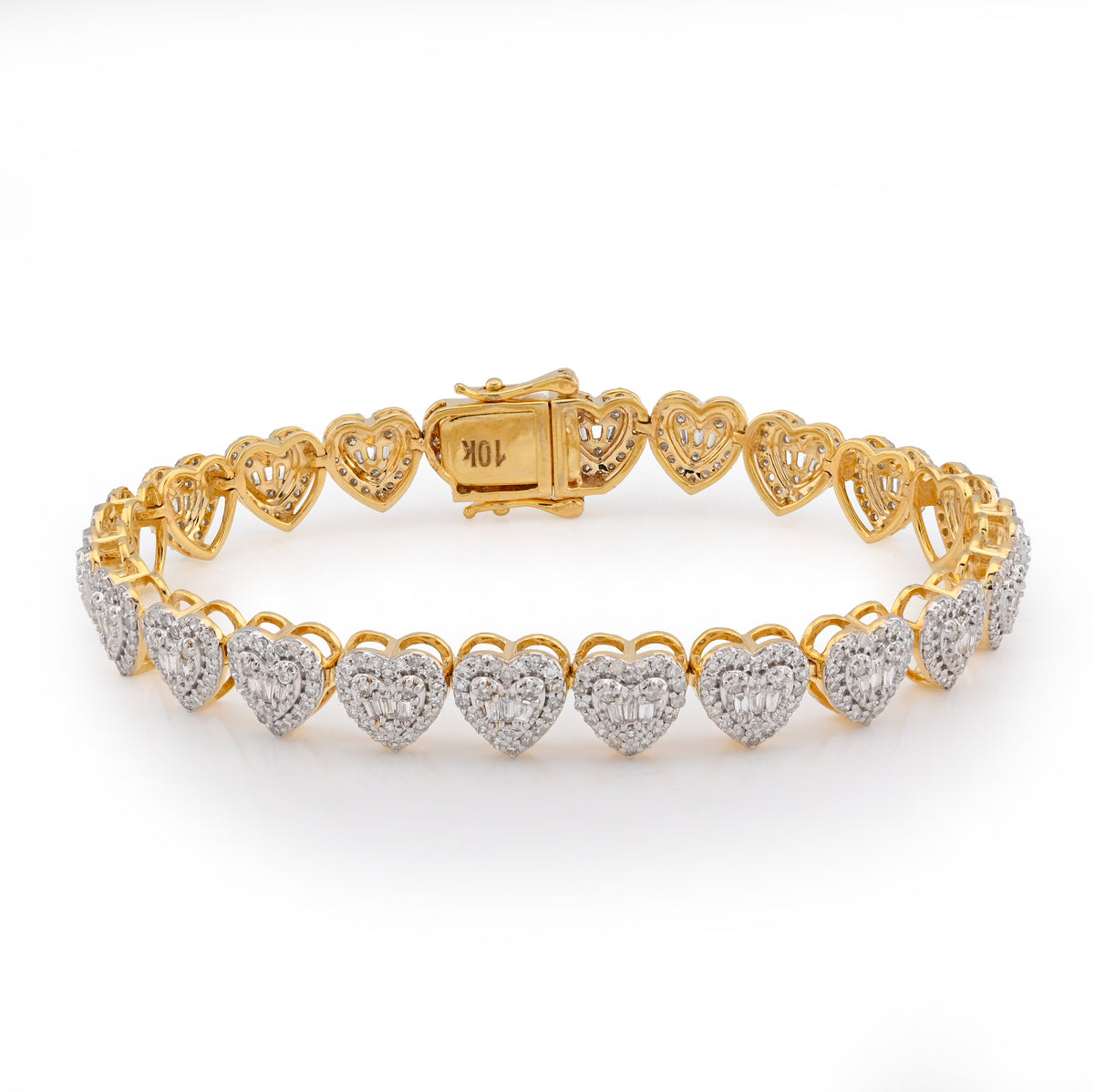 7MM 10k Yellow Gold 2CTW Natural Diamond Round/Baguette Heart Shape Womens Tennis 10.2gm Bracelet 6.25"