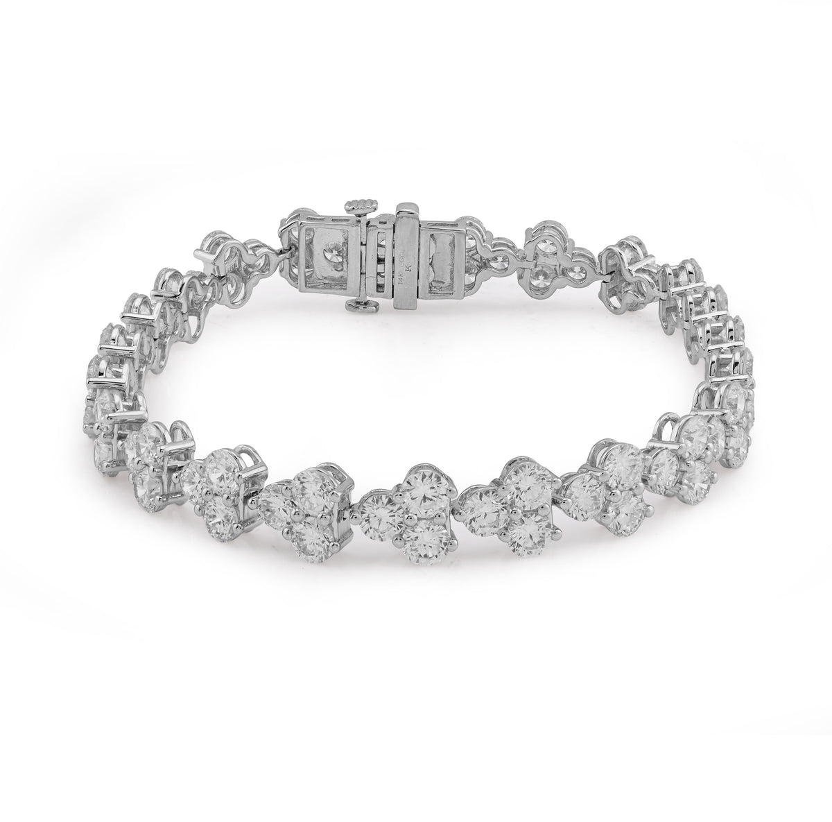 14k White Gold Three Leaf Clover 13CTW Solitaire Diamond 13CTW Bracelet 7" Womens 14.3gm