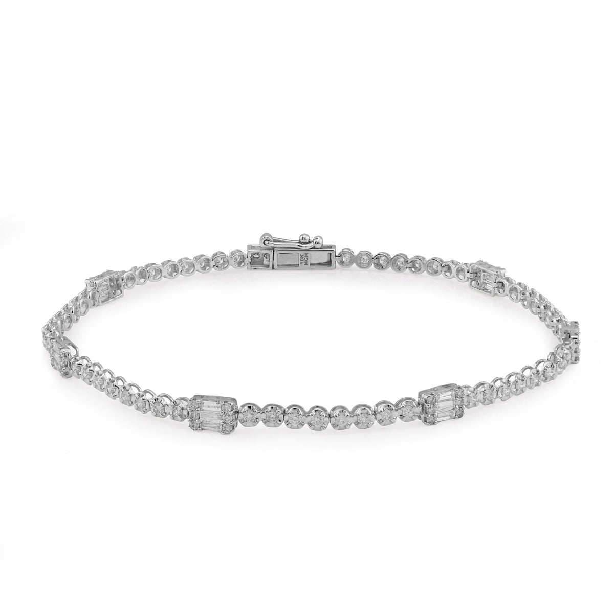 3.3MM 10k White Gold 1.10CTW Natural Diamond Round/Baguette 7" Men Women Bracelet 3gm