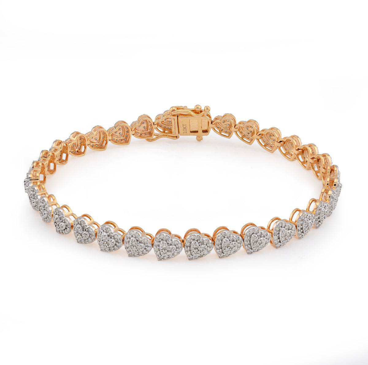 10k Yellow Gold 1.80CTW Natural Diamond Heart Link 7" Womens Bracelet 8.6gms
