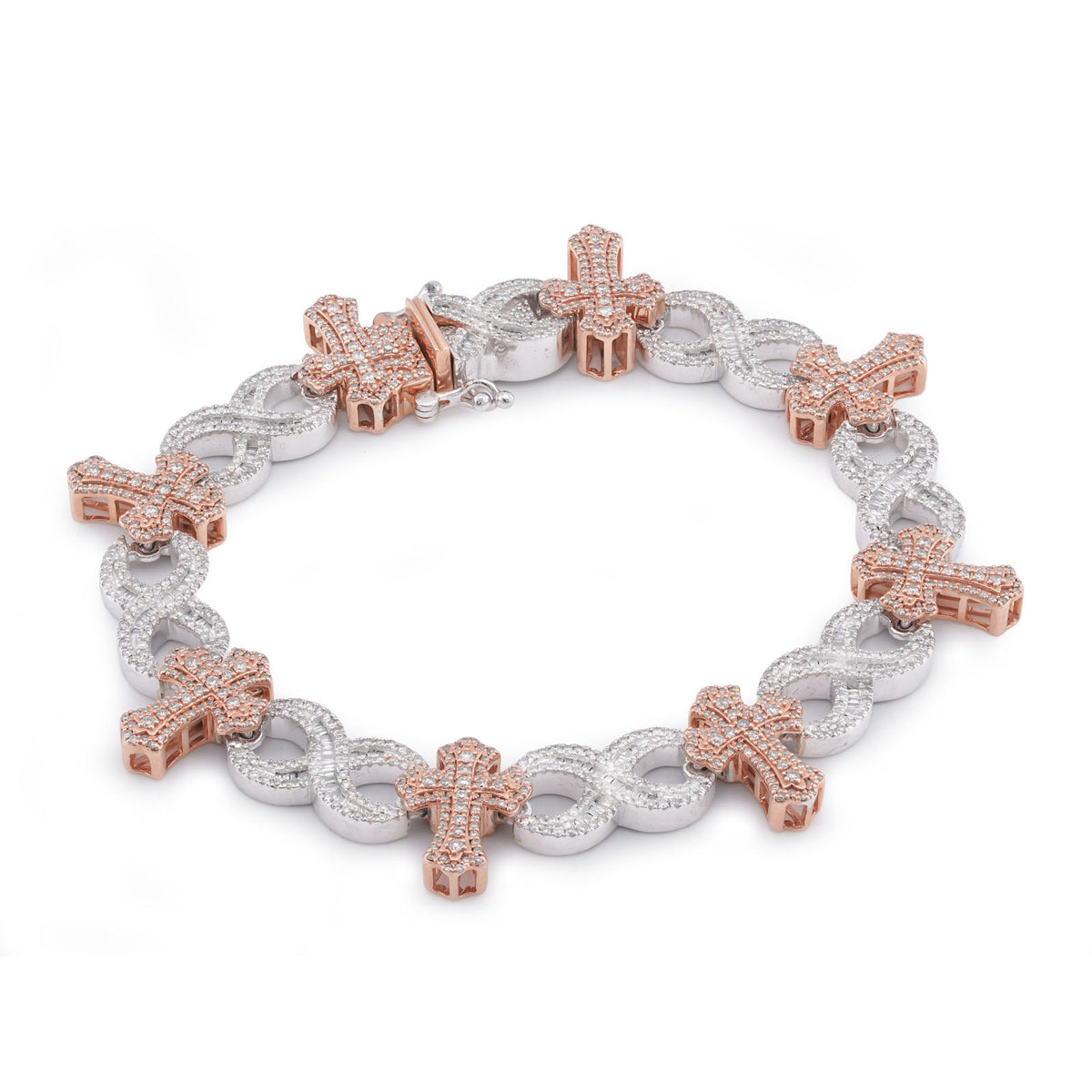 15.4MM 10k White/Rose Gold Cross Infinity Link 4.05CTW Natural Round/Baguette Diamond Mens Bracelet 34gm