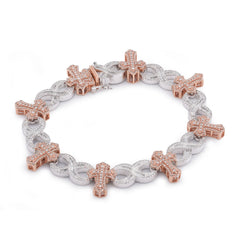 15.4MM 10k White/Rose Gold Cross Infinity Link 4.05CTW Natural Round/Baguette Diamond Mens Bracelet 34gm
