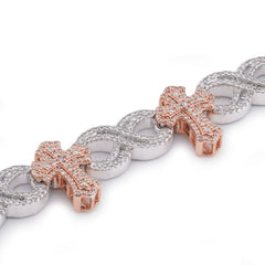 15.4MM 10k White/Rose Gold Cross Infinity Link 4.05CTW Natural Round/Baguette Diamond Mens Bracelet 34gm
