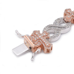 15.4MM 10k White/Rose Gold Cross Infinity Link 4.05CTW Natural Round/Baguette Diamond Mens Bracelet 34gm