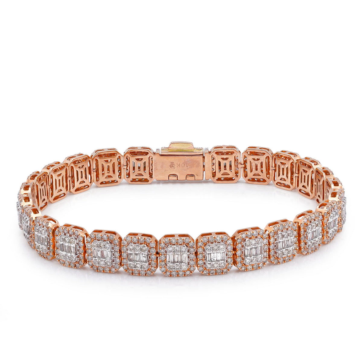 10k Rose Gold 7.57CTW Natural Hexagon Link Baguette/Round Diamond 8.5MM Mens Bracelet 8" 21.3gm