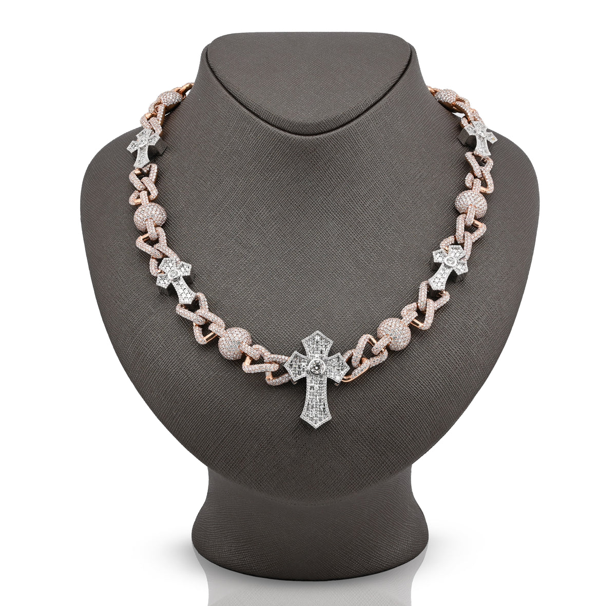 12.6MM Two Tone Gold 28CTW 159.6gm Round/Baguette Diamond Cross & Infinity Chain
