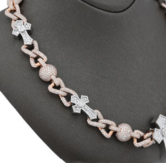 12.6MM Two Tone Gold 28CTW 159.6gm Round/Baguette Diamond Cross & Infinity Chain