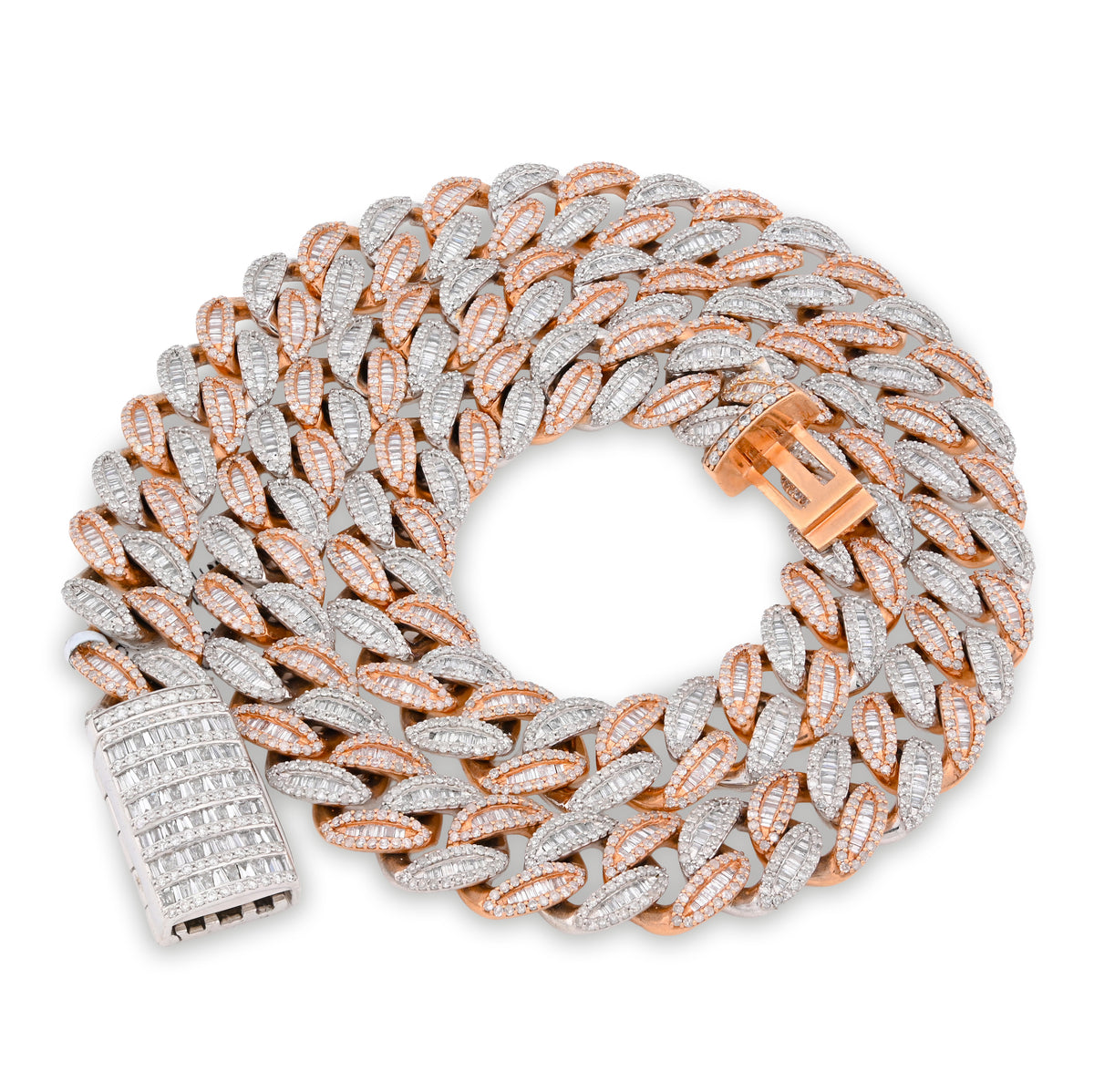 8MM 10k Rose/White Gold 17.02CTW Baguette Natural Diamond Tennis Chain Mens Necklace 81.9g