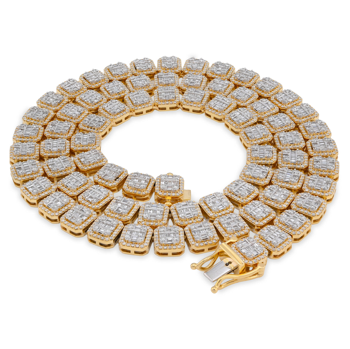 10k Yellow Gold 14.71CTW Baguette Natural Diamond Tennis Chain Mens 8MM Necklace 77.3gm